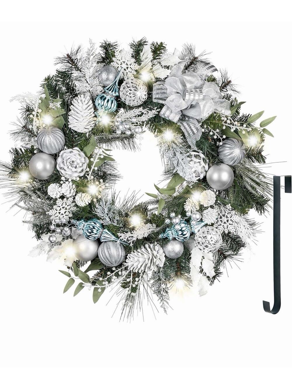 Valery Madelyn 30'' Pre-Lit Christmas Wreath for Front Door with Light Silver